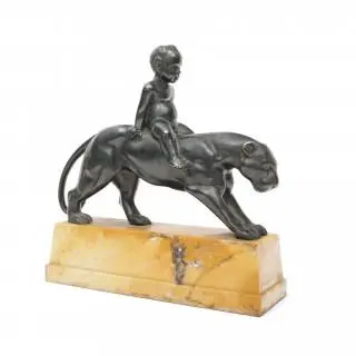 Italië, zwart gepatineerd bronzen sculptuur, 'jongetje met panter' circa 1935 – kavel bij Veilinggebouw De Zwaan, Amsterdam