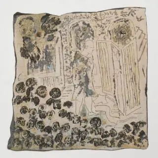 Lies Cosijn (1931-2016), aardewerk plaquette, 'man bij kamerscherm', circa 1970 – kavel bij Veilinggebouw De Zwaan, Amsterdam