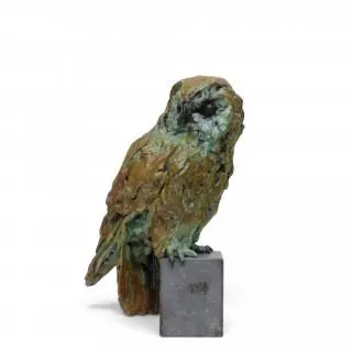 Jacqueline van der Laan (geb. 1948), bruin/groen gepatineerd sculptuur van uil – kavel bij Veilinggebouw De Zwaan, Amsterdam