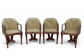 Set van vier mahoniehouten armstoelen met coromandelhouten versieringen en groene corduroy stoffering, Amsterdamse school – kavel bij Veilinggebouw De Zwaan, Amsterdam