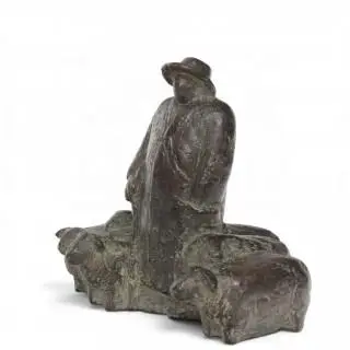 Karin Beek (geb. 1948), groen gepatineerd bronzen sculptuur, 'schaapsherder met vijf schapen', 1988 – kavel bij Veilinggebouw De Zwaan, Amsterdam
