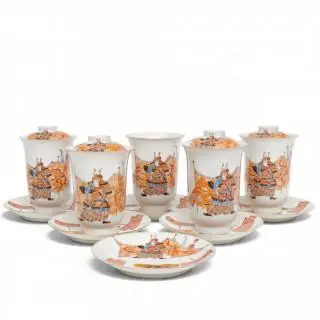 Japan, a set of 'samurai' polychrome cups, saucers and covers, 20th century – kavel bij Veilinggebouw De Zwaan, Amsterdam