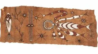 Papua, Lake Sentani, barkcloth painting, maro, depicting fish and spirit figures and stars – kavel bij Veilinggebouw De Zwaan, Amsterdam