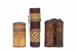 Kalimantan, a Dayak double bamboo container, Sumatra, Minangkabau a container with a silver lid, ca. 1900 and Sarawak, Iban Dayak, a bamboo container – kavel bij Veilinggebouw De Z