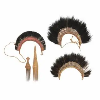 Papua, Marind Anim, three plant fibre and cassowary feathers man's headdresses, and two bamboo combs – kavel bij Veilinggebouw De Zwaan, Amsterdam