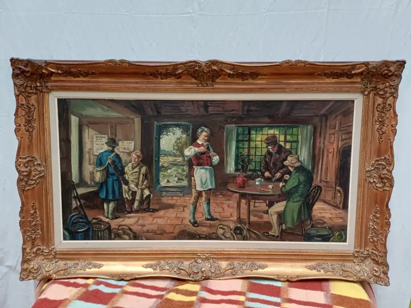 Olieverfschilderij met klassiek interieur en figuren: gesigneerd L.S. Deron – kavel bij De Kringwinkel, Ronse