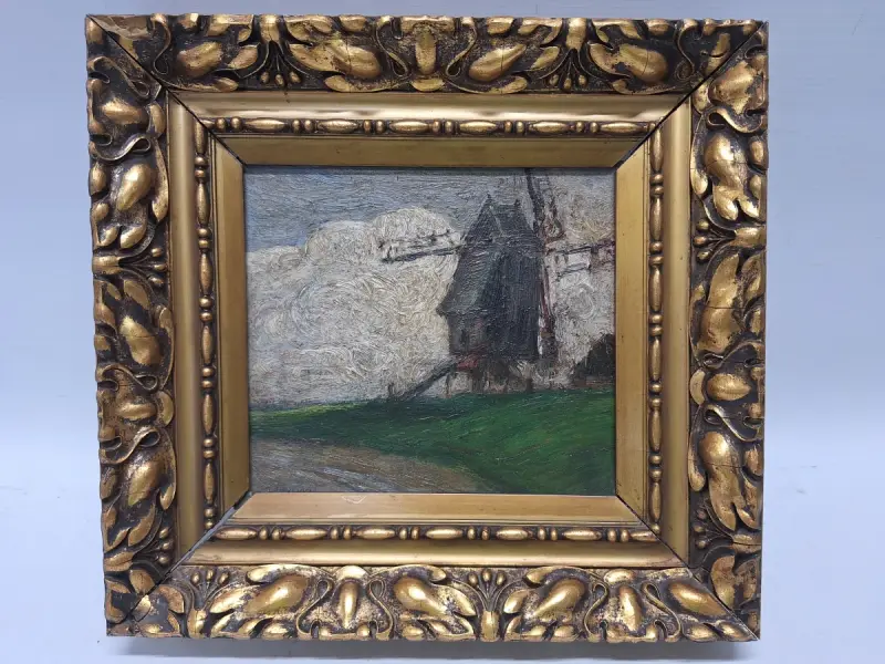 Impressionistisch molenlandschap - Olieverfschilderij met windmolen in sierlijke vergulde lijst – kavel bij De Kringwinkel, Gent