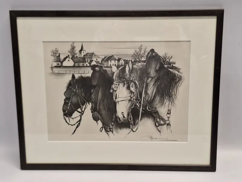 Handgesigneerde grafische prent met drie trekpaarden en dorpsgezicht - Oscar Bonnevalle – kavel bij De Kringwinkel, Gent