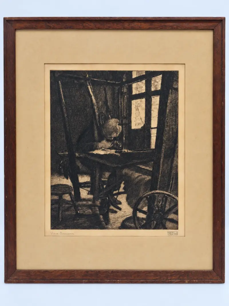 Originele ets ‘Vieux Tisserand’ - genummerd 28/50 - François Pycke – kavel bij De Kringwinkel, Gent
