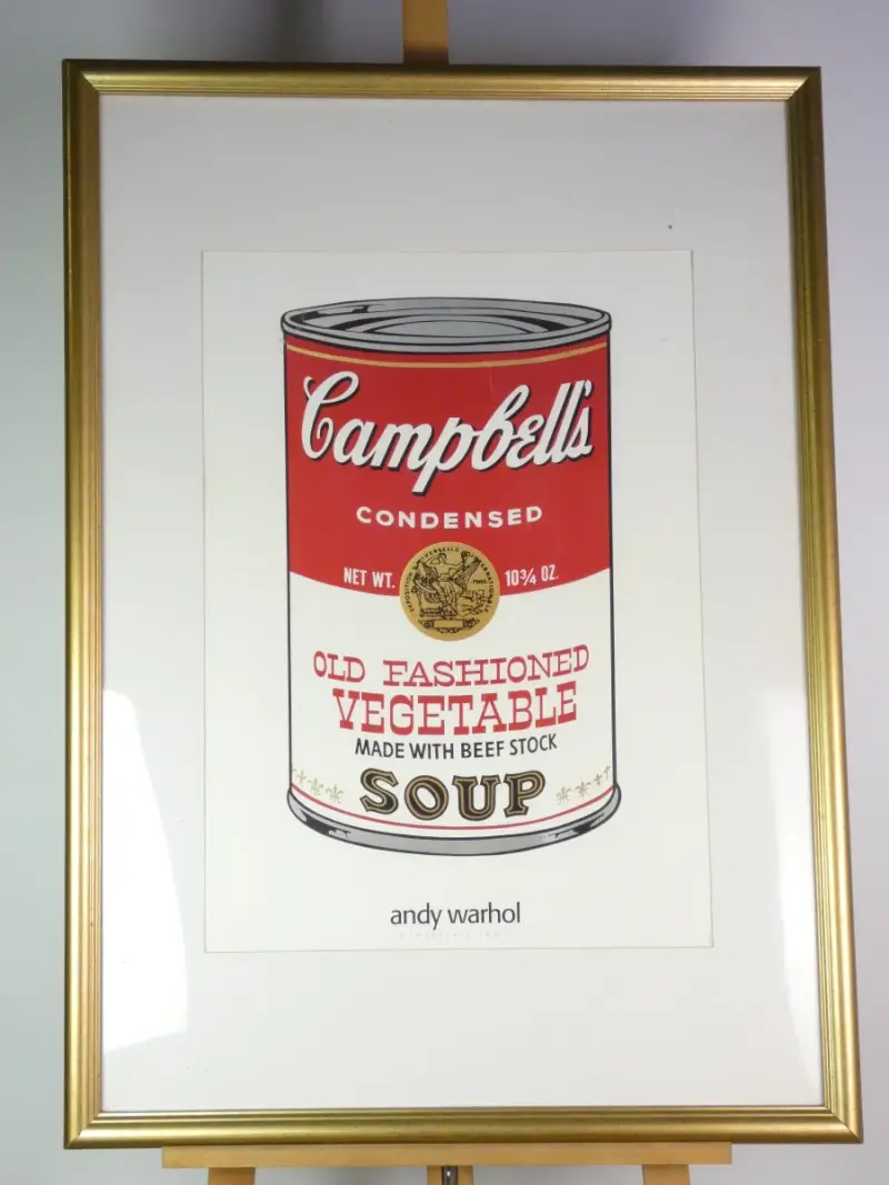 Grote ingelijste poster van Andy Warhol: Campbell's Soup (76×106 cm) – kavel bij De Kringwinkel, Heverlee