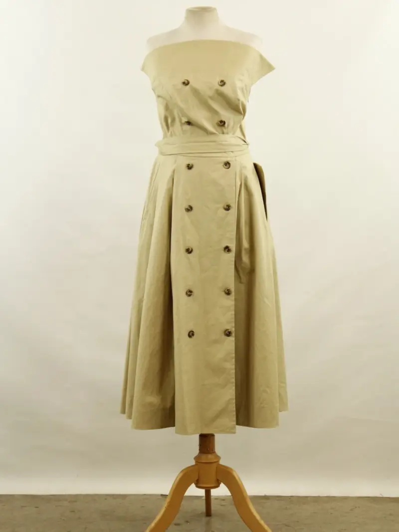RAE Antwerp beige bustierjurk in retro stijl fit and flare in gladde zwaardere soepelvallende stof – kavel bij De Kringwinkel, Antwerpen