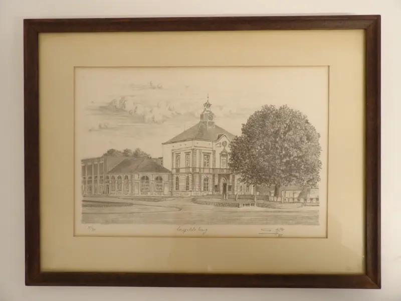 Lithografie stadsgezicht Leopoldsburg door Guy Desarzens – kavel bij De Kringwinkel, Leopoldsburg