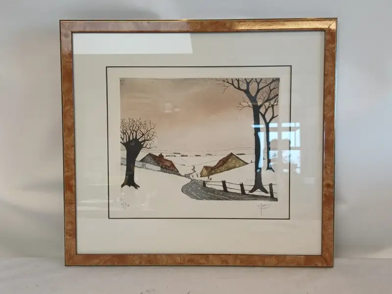 Ingelijste litho van een landschap met boerderijen en bomen – kavel bij De Kringwinkel, Oudenaarde