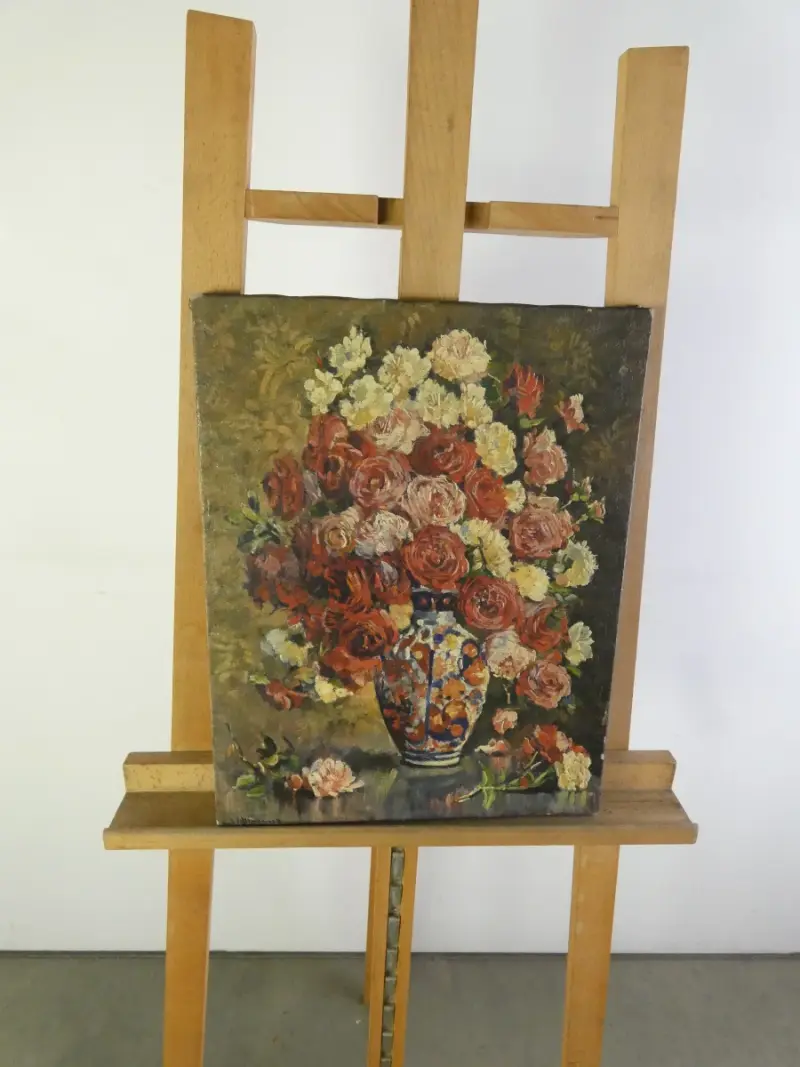 Gesigneerd olieverfschilderij - J.V. Hermans – “Bouquet de Roses dans un Vase” – kavel bij De Kringwinkel, Heverlee