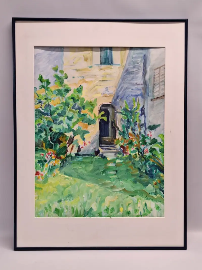 Zonnige binnentuin met bloemen - expressionistisch schilderij uit 1990 - Bresou – kavel bij De Kringwinkel, Gent