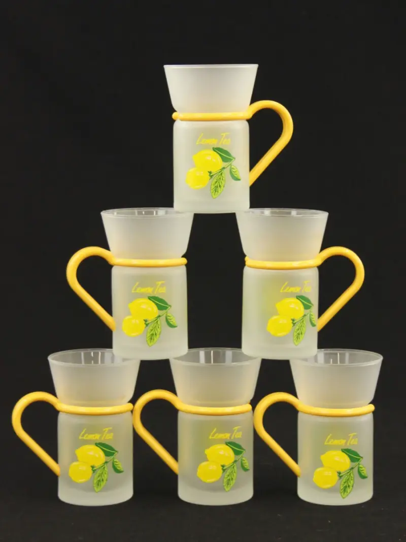 6 “Lemon Tea” glazen mokken ‘Inspiration’ jaren 70 stijl – kavel bij De Kringwinkel, Antwerpen