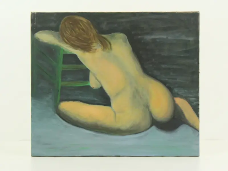 zittend vrouwelijk naakt in subtiele blauwtinten – Acryl op canvas – kavel bij De Kringwinkel, Antwerpen