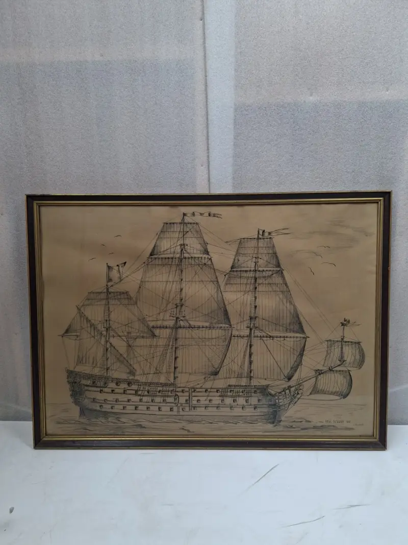 Groot Ingelijst Maritiem Meesterwerk: "Royal Catherin 1662" – Gekalligrafeerd & Gesigneerd door J. Poupaert – kavel bij De Kringwinkel, Waardamme