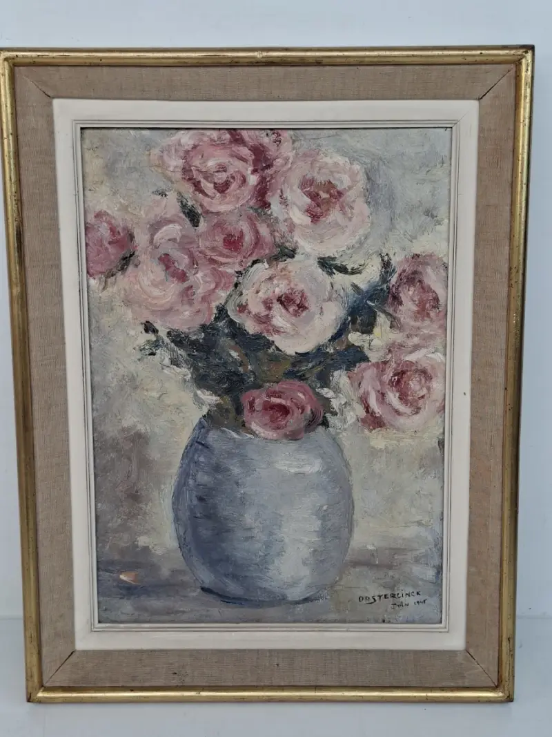 Authentiek Schilderij Jules Oosterlinck (1945) – Bloemenstilleven met Rozen – kavel bij De Kringwinkel, Waardamme