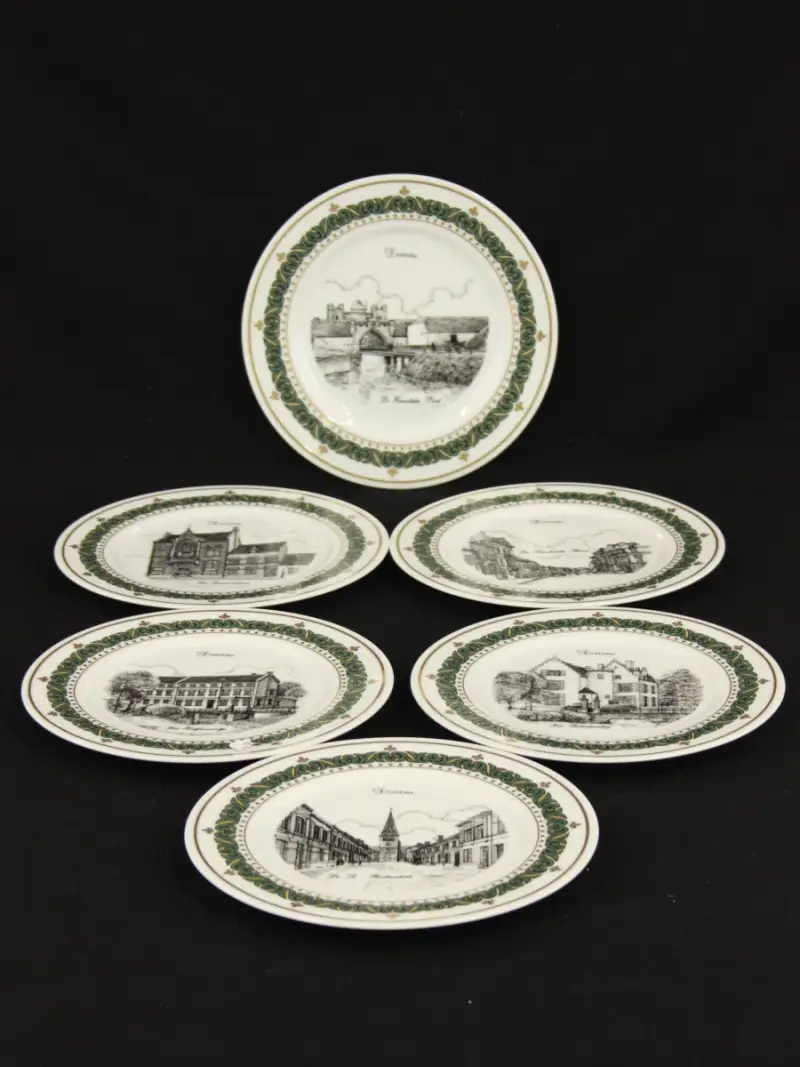 Set van 6 vintage Dessertborden met straatzichten uit Deurne beperkte oplage gesigneerd door de kunstenaar G. Swaenenpoel – kavel bij De Kringwinkel, Antwerpen