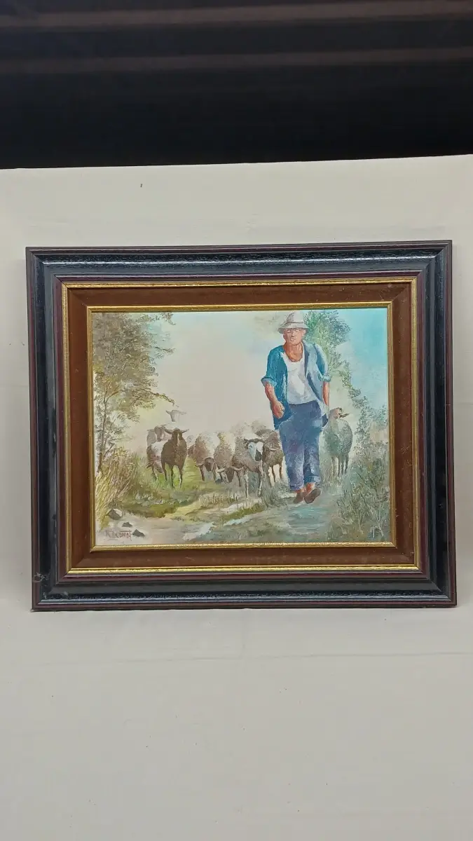 Olieverfschilderij herder met schapen gesigneerd R. De Smet – kavel bij De Kringwinkel, Zottegem