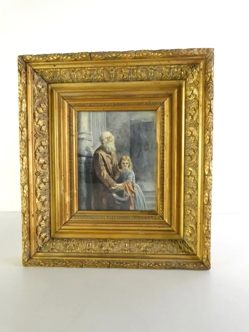 Gesigneerde aquarel "L'Aveugle" (De Blinde Bedelaar) - Louise de Melotte, 1898 - vergulde lijst – kavel bij De Kringwinkel, Heverlee