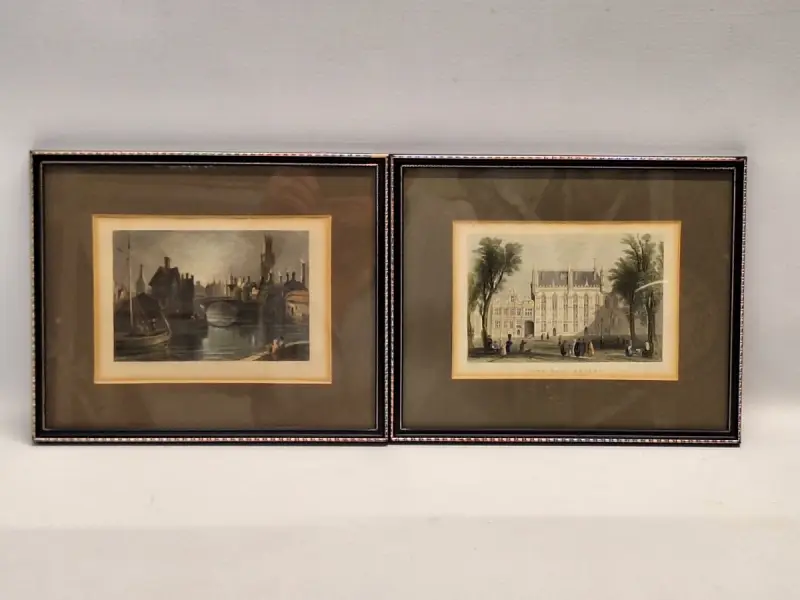 Twee antieke staalgravures van Brugge - handgekleurd, ca. 1830 - William Henry Bartlett – kavel bij De Kringwinkel, Gent