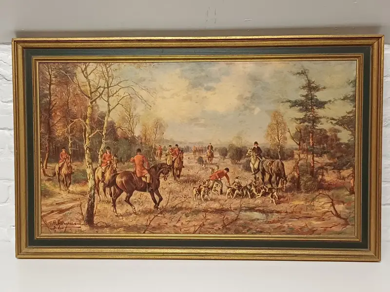 Schilderij jachttafereel - H. Altermann – kavel bij De Kringwinkel, Herzele