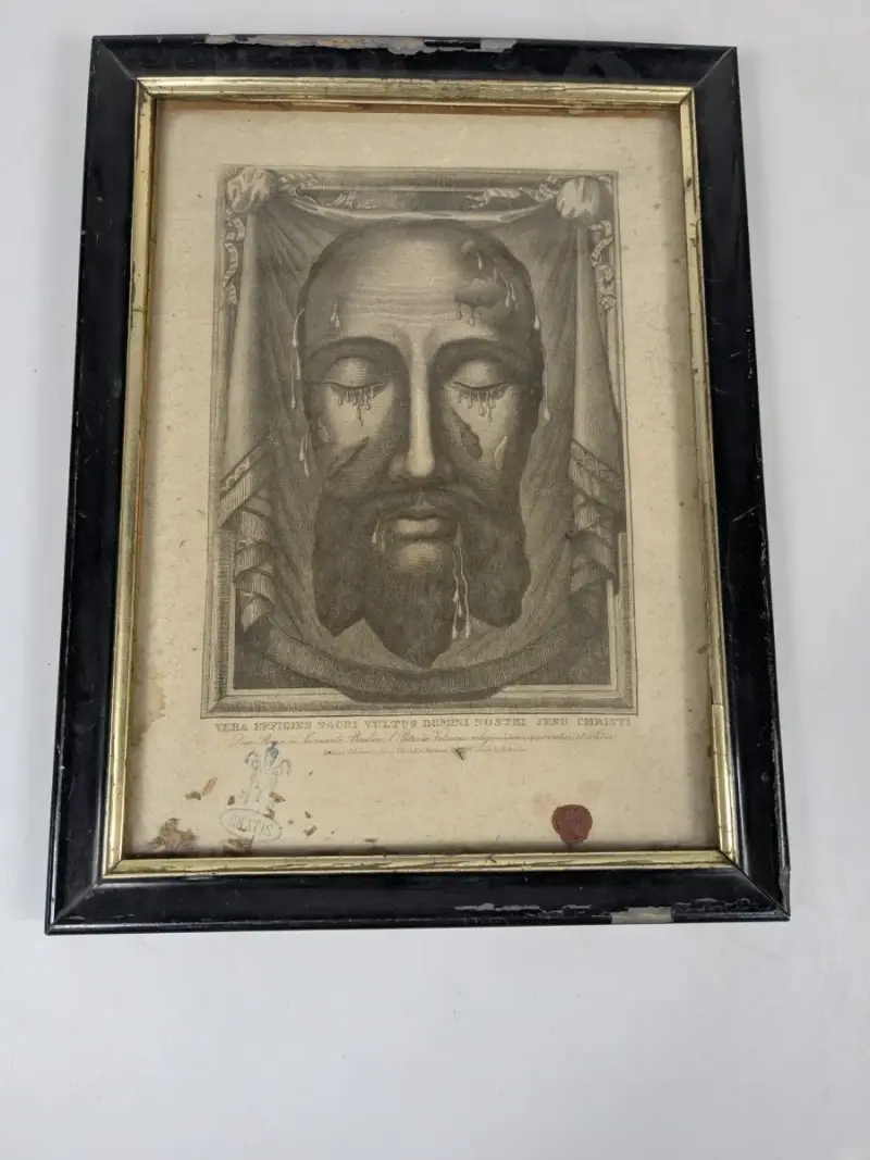 Antiek religieus devotieprentje – Heilig Aangezicht van Christus – met pauselijk/canoniek certificaat, 1886 – kavel bij De Kringwinkel, Sint-Niklaas