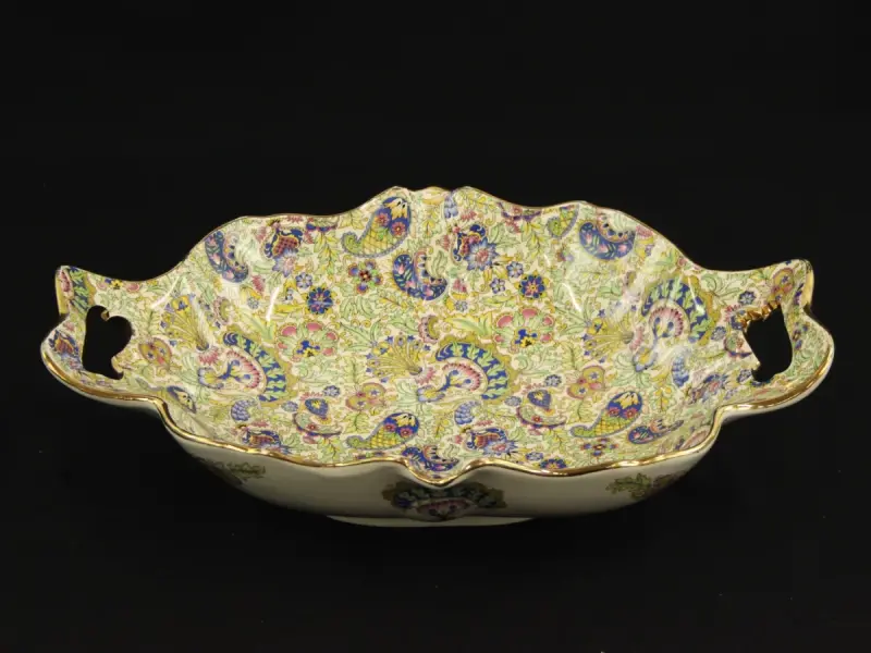 Boch Fréres La Louviére Keralux vintage serveerschaal met Paisley bloemenpatroon en twee handgrepen – kavel bij De Kringwinkel, Antwerpen