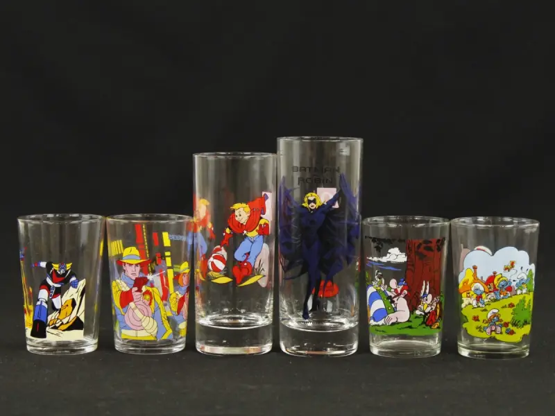 6 vintage drinkglazen – stripfiguren & popcultuur – kavel bij De Kringwinkel, Antwerpen