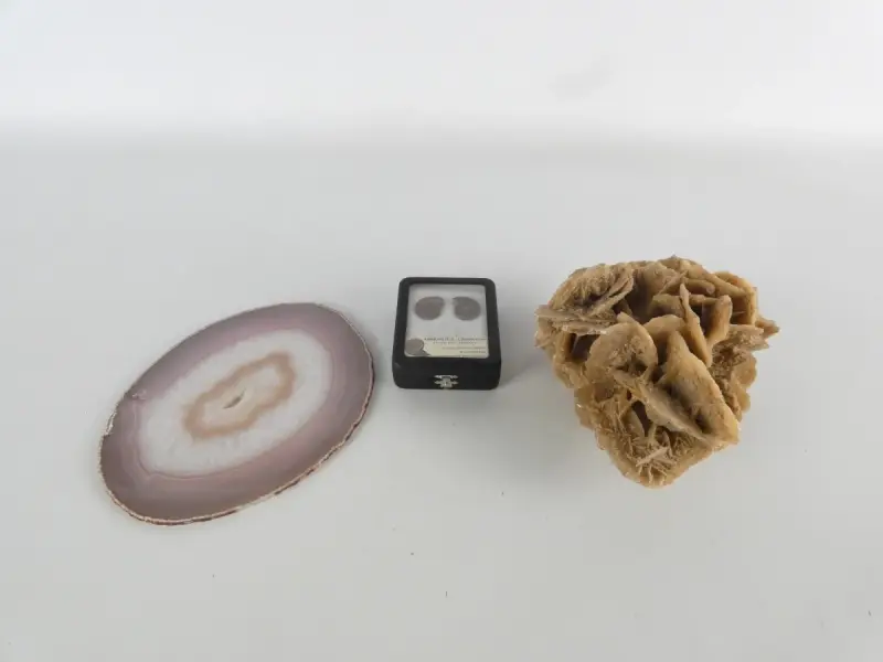 Collectie natuurlijke mineralen/fossielen | Woestijnroos, ammonietfossiel en agaatplak – kavel bij De Kringwinkel, Heverlee