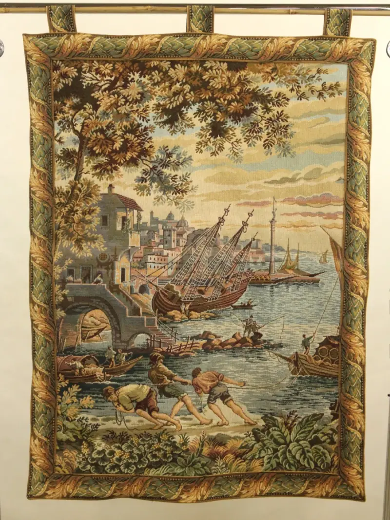 Jacquard geweven wandtapijt – “Scaricatori” / havengezicht – kavel bij De Kringwinkel, Antwerpen