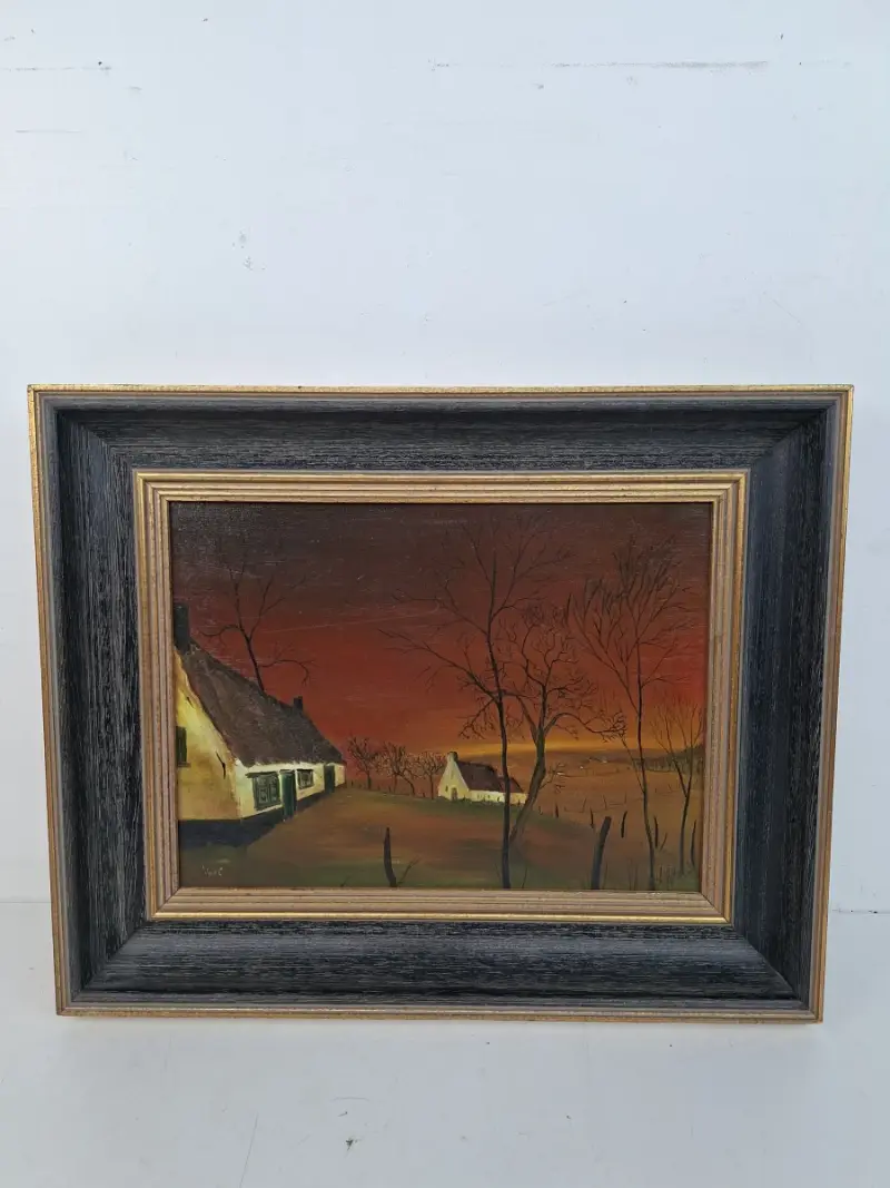 Vintage Olieverfschilderij – Vlaams Hoevandschap bij Avondrood – kavel bij De Kringwinkel, Waardamme