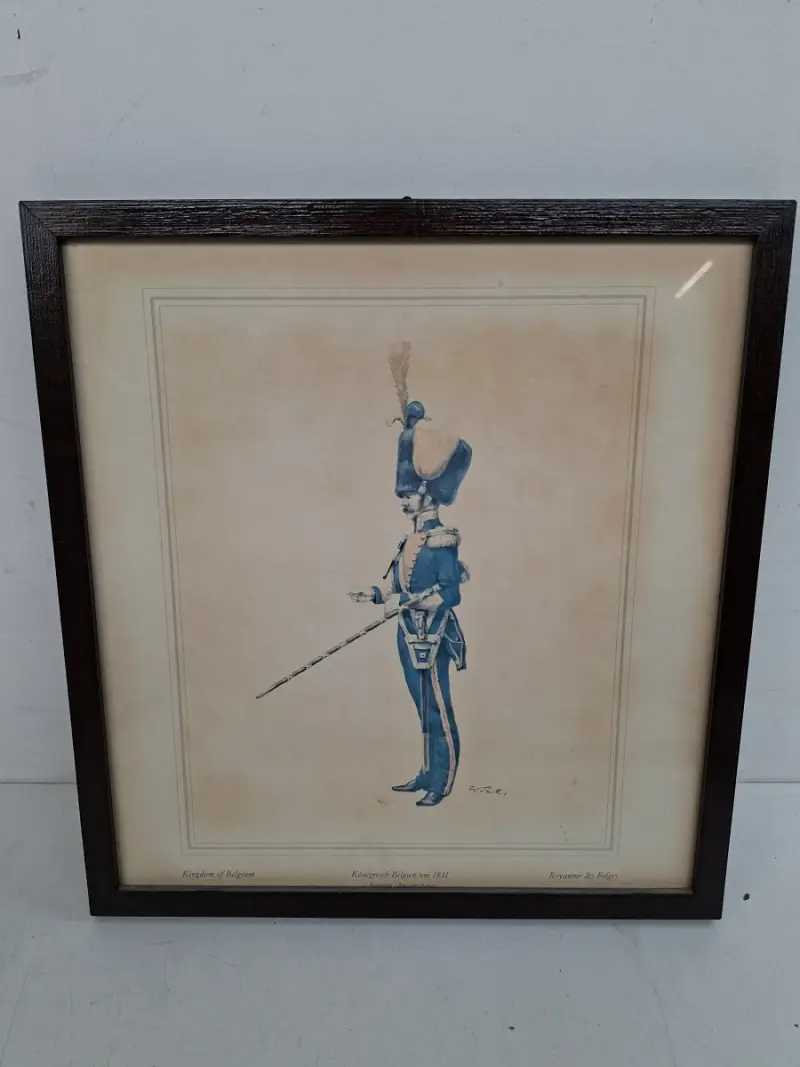 Statige Vintage Militaire Prent in Kader – "Königreich Belgien um 1831" – Belgische Garde-Officier – kavel bij De Kringwinkel, Waardamme
