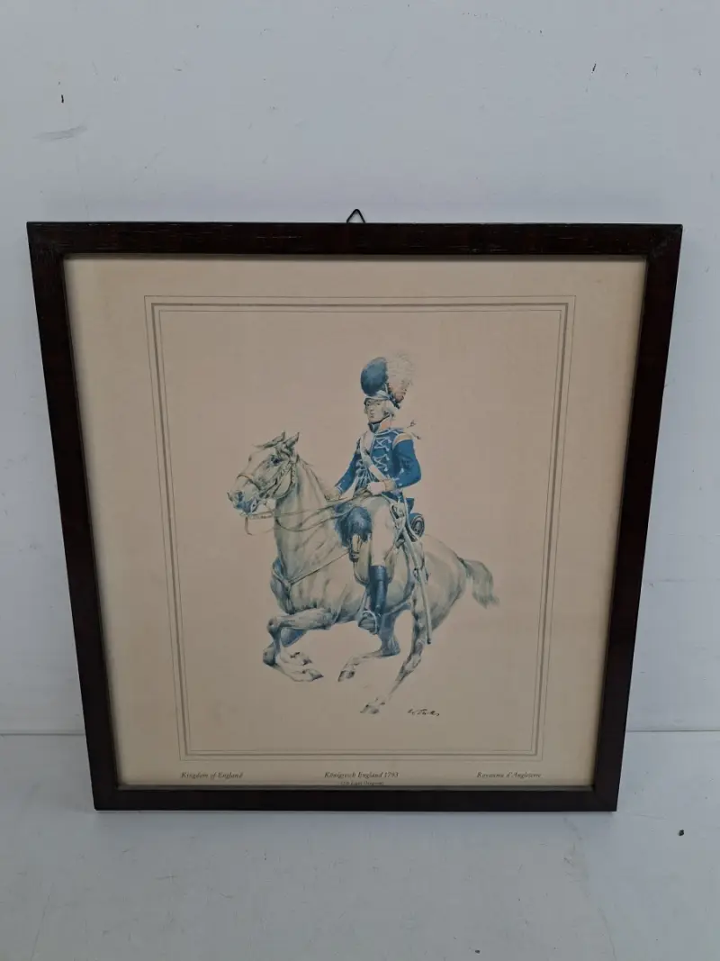 Statige Vintage Militaire Prent in Kader – "Königreich England 1793" – Cavalerist te Paard – kavel bij De Kringwinkel, Waardamme