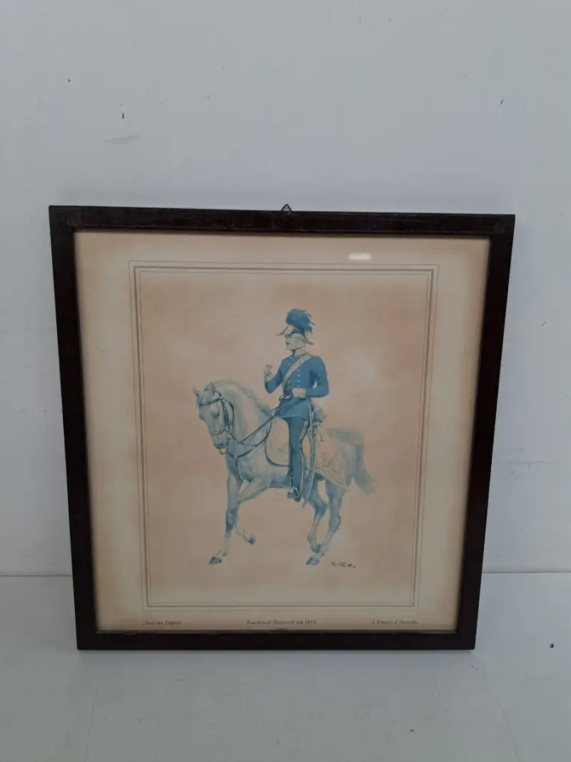 Statige Vintage Militaire Prent in Kader – "Kaiserreich Österreich um 1854" – Huzar te Paard – kavel bij De Kringwinkel, Waardamme