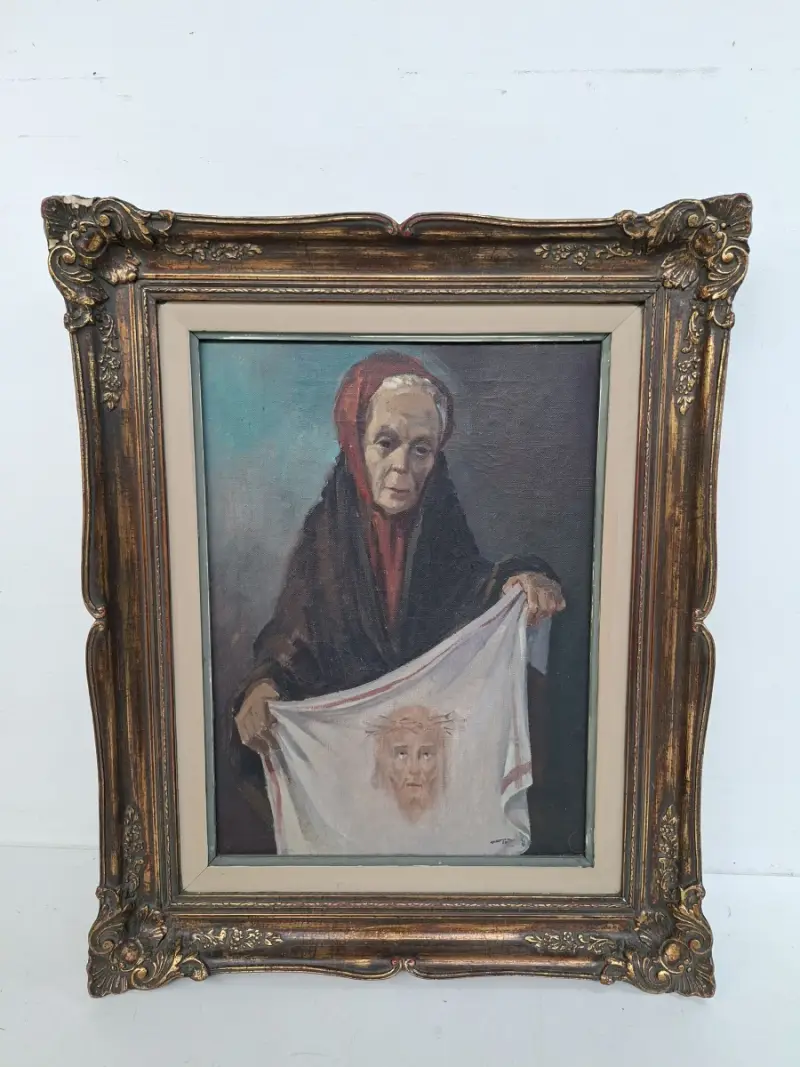 Authentiek Schilderij door Jan Van Puyenbroeck (1887–1972) – De Heilige Veronica met de Zweetdoek – In Prachtige Baroklijst – kavel bij De Kringwinkel, Waardamme