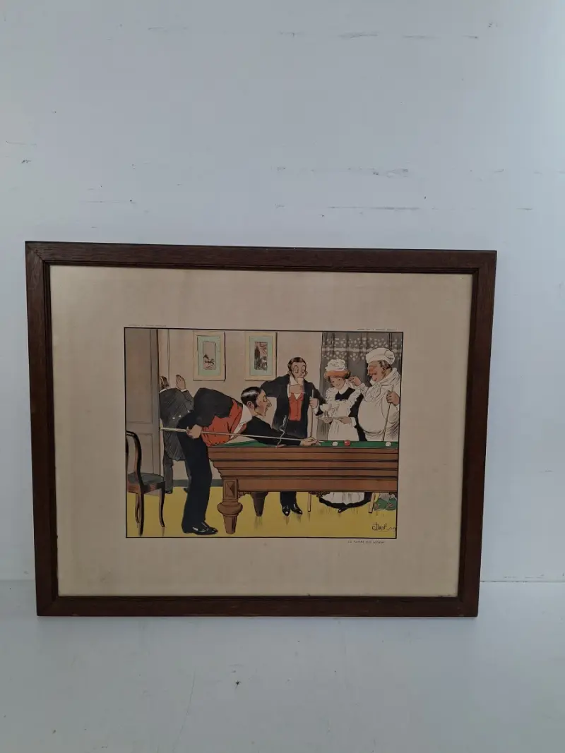 Unieke Vintage Humoristische Prent door Jean Droit – Grote Ingelijste Uitvoering tussen Dubbel Glas – kavel bij De Kringwinkel, Waardamme