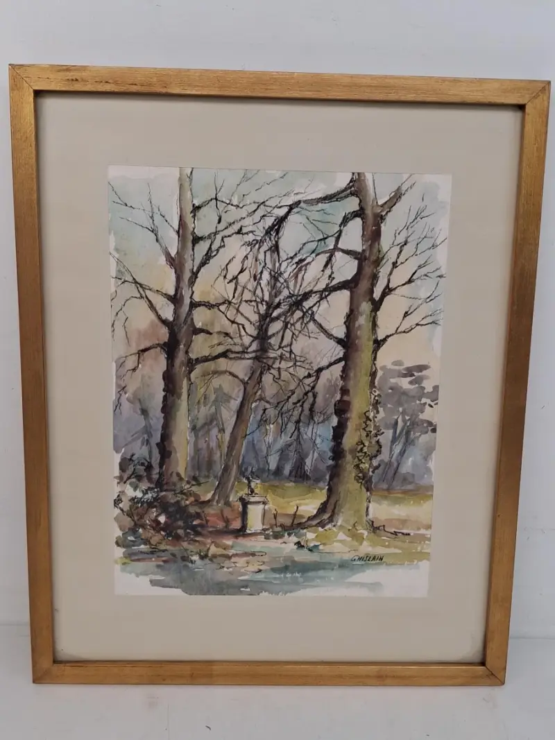 Aquarelschilderij van een bosrijk landschap, door Laurence Ghislain – kavel bij De Kringwinkel, Waardamme