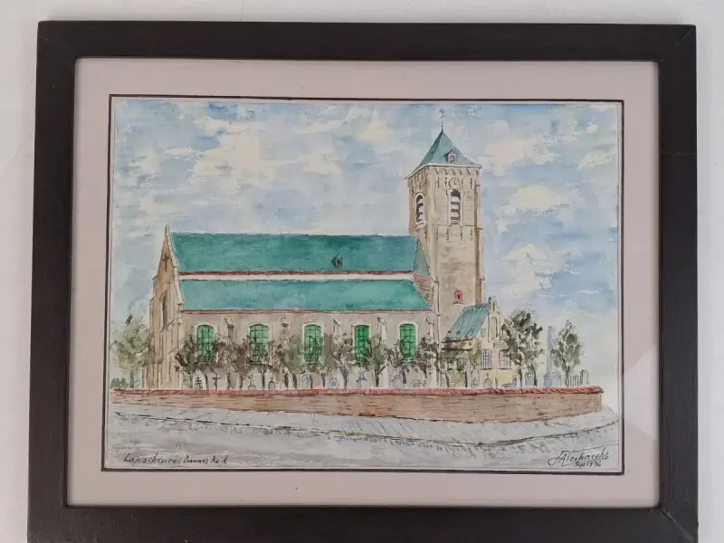 Aquarel van de kerk van Lapscheure (Damme) – kavel bij De Kringwinkel, Waardamme