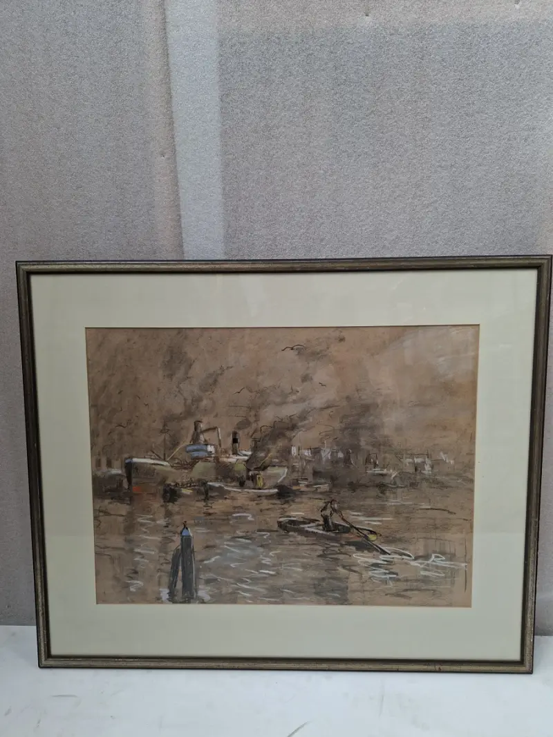 Authentieke Maritieme Tekening "Bedrijvigheid in de Haven" – Gesigneerd & Gekaderd! – kavel bij De Kringwinkel, Waardamme