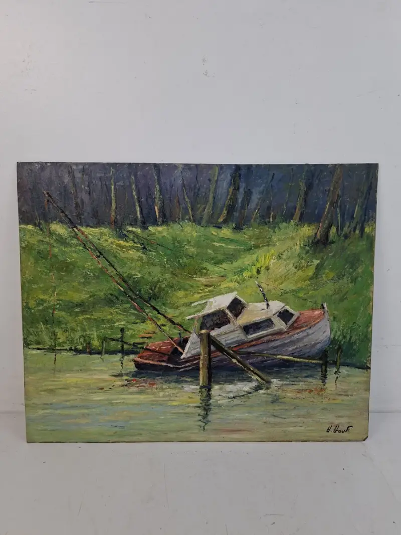 Expressief Olieverfschilderij op Paneel "Verlaten Scheepswrak aan de Oever" – Gesigneerd H. Houf – kavel bij De Kringwinkel, Waardamme