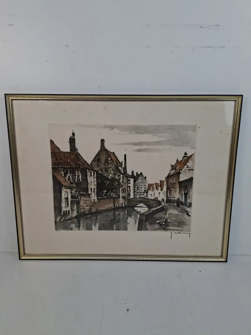 Handgesigneerde Kleurenets "Brugse Reien met Bonifaciusbrug" – J. Hubbeling – Genummerde Oplage – kavel bij De Kringwinkel, Waardamme