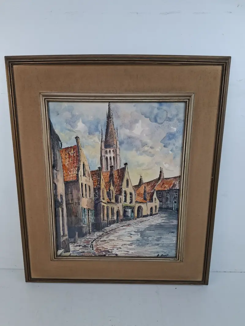 Grote Antieke Aquarel "Brugs Straatzicht met Onze-Lieve-Vrouwekerk" – Gesigneerd R. Houf (Enkel Afhalen) – kavel bij De Kringwinkel, Waardamme