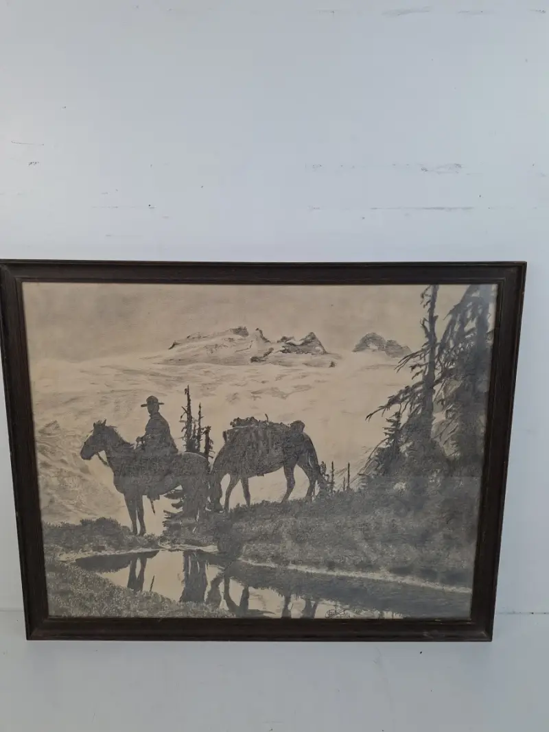 Antiek Houtskool- of Krijtwerk "Wilderness Ranger" – Gedateerd 1938 & Gesigneerd – kavel bij De Kringwinkel, Waardamme
