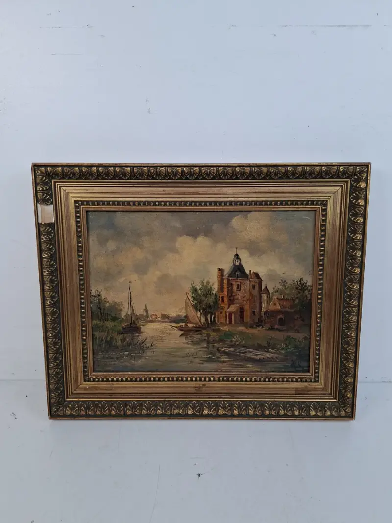 Antiek Olieverfschilderij op Houten Plank – Hollands Riviergezicht – Gemonogrammeerd M.K – kavel bij De Kringwinkel, Waardamme