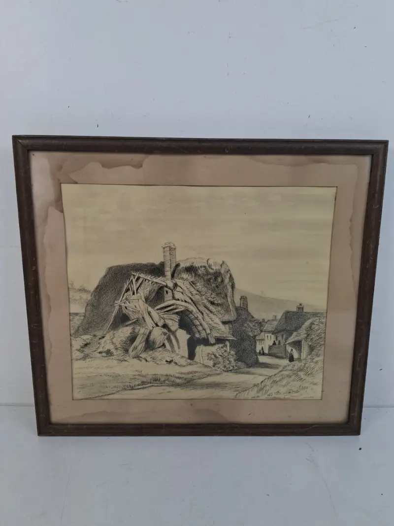 Antieke Litho / Tekening – Nostalgisch Dorpsgezicht met Rietgedekte Cottages – Handgesigneerd – kavel bij De Kringwinkel, Waardamme