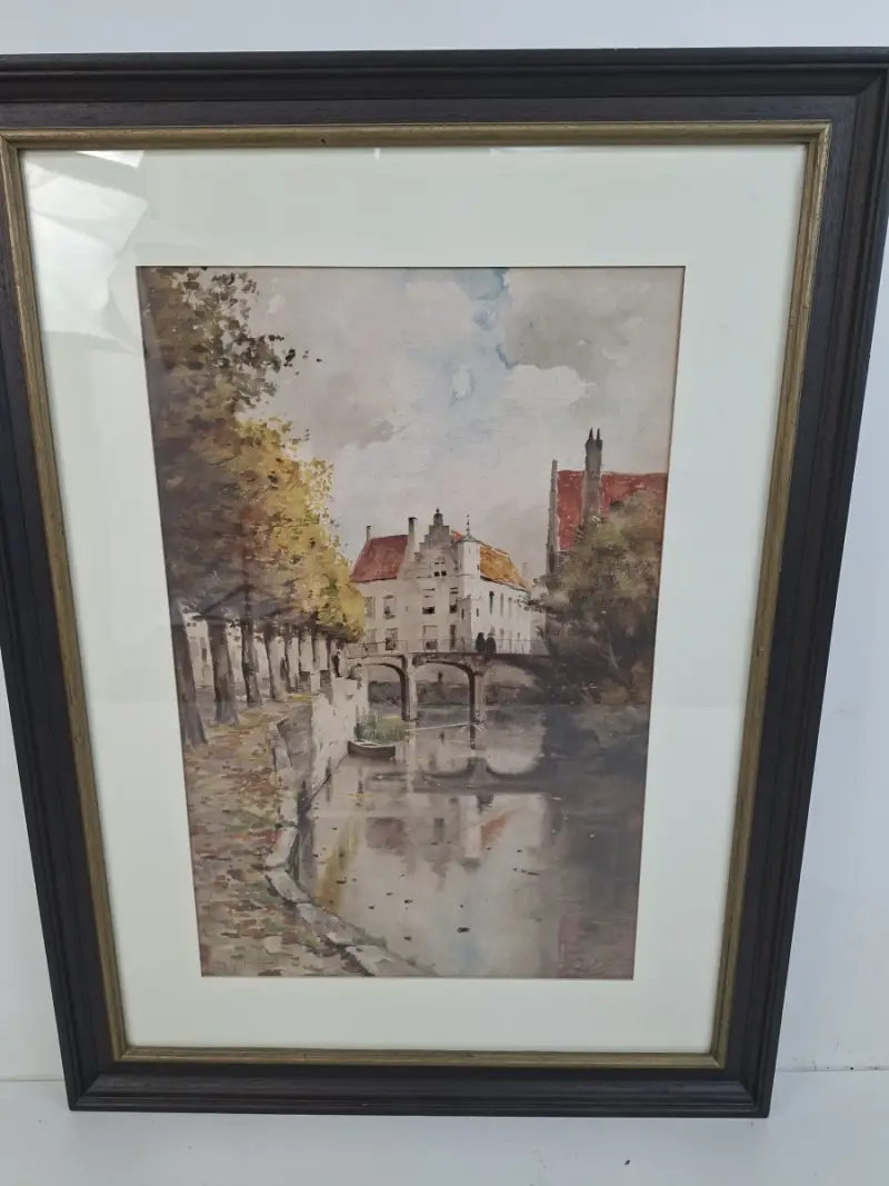 Antieke Brusselse Lithografie: Sfeervol Brugs Stadsgezicht – J.L. Goffart naar Victor Gilsoul (1867–1939) – kavel bij De Kringwinkel, Waardamme
