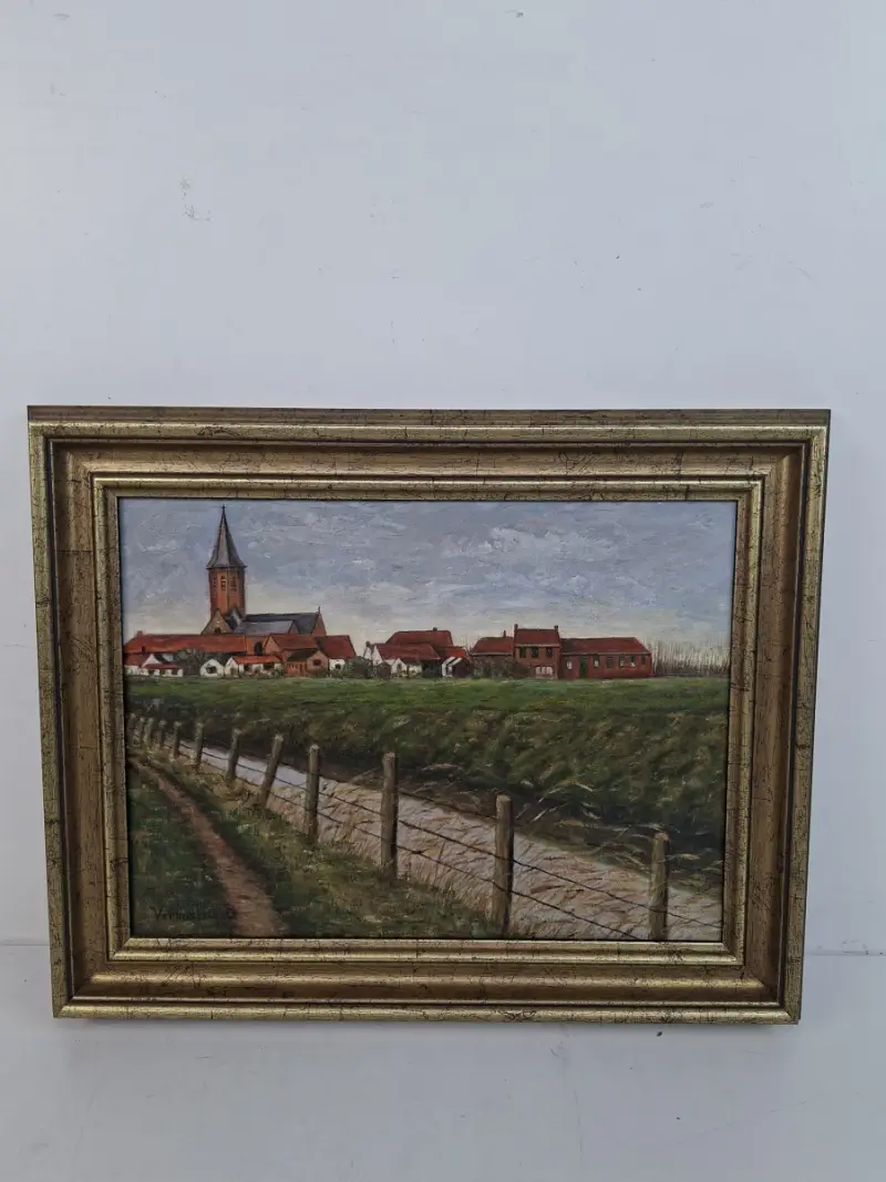 Sfeervol Vlaams Landschap: "Dorpsgezicht Meetkerke" – Origineel Olieverf op Doek door Omer Vermeersch – kavel bij De Kringwinkel, Waardamme